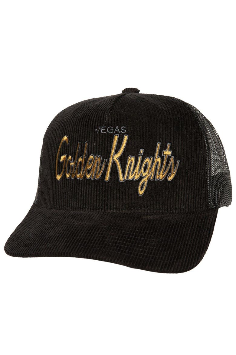 Men's Mitchell & Ness  Black Vegas Golden Knights Times Up Classic Script Cord Trucker Adjustable Hat, Main, color, Black