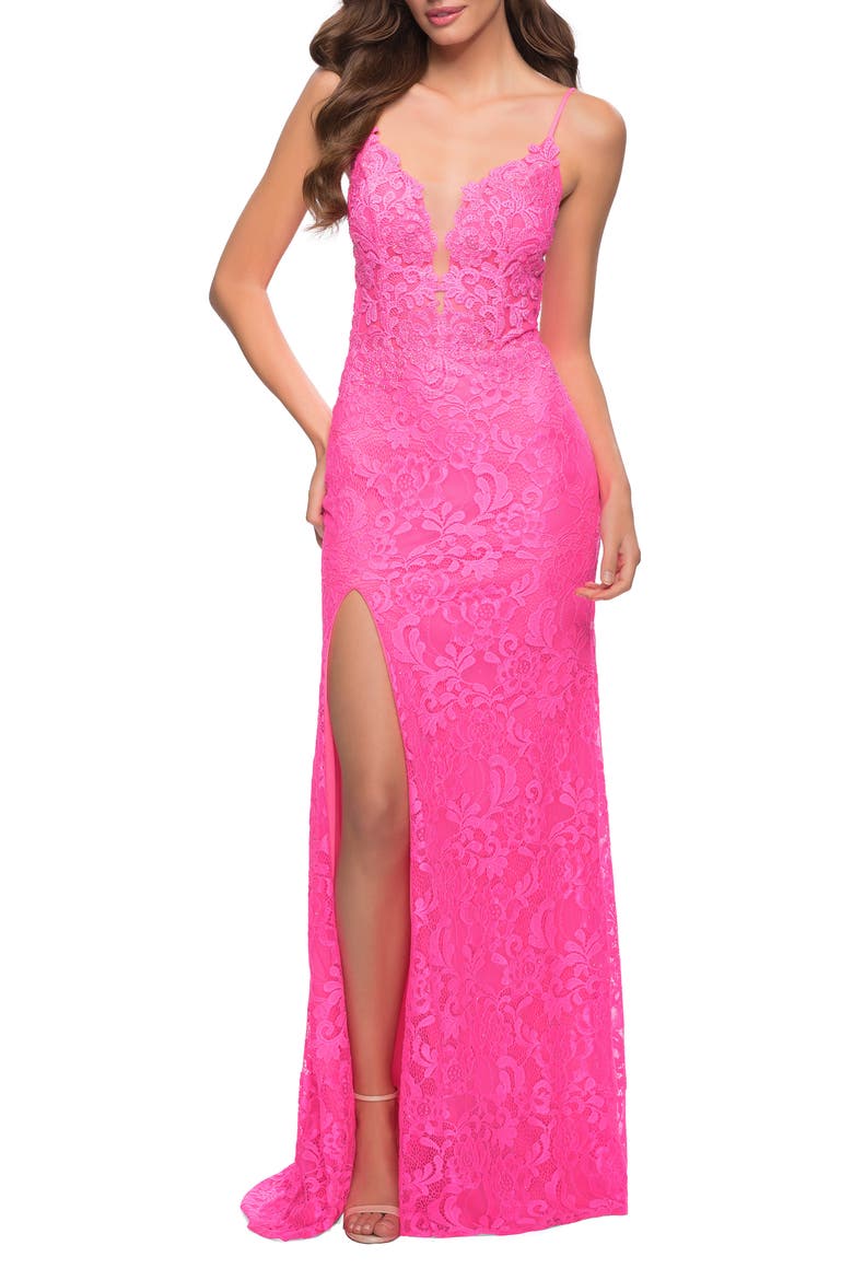 Stretch Lace Prom Dress in Neon Pink, Alternate, color, NEON PINK