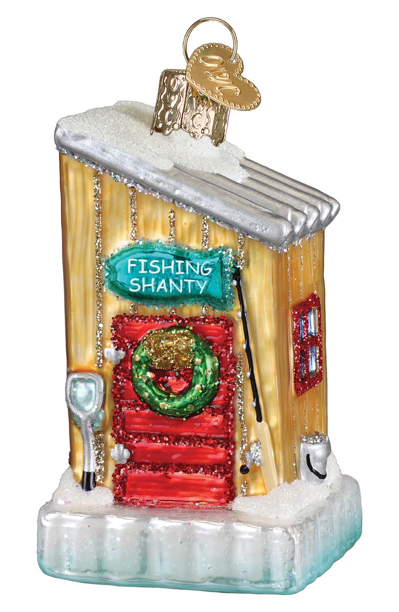Old World Christmas Ice Fishing Shanty Glass Ornament, Main, color, Red/Gold