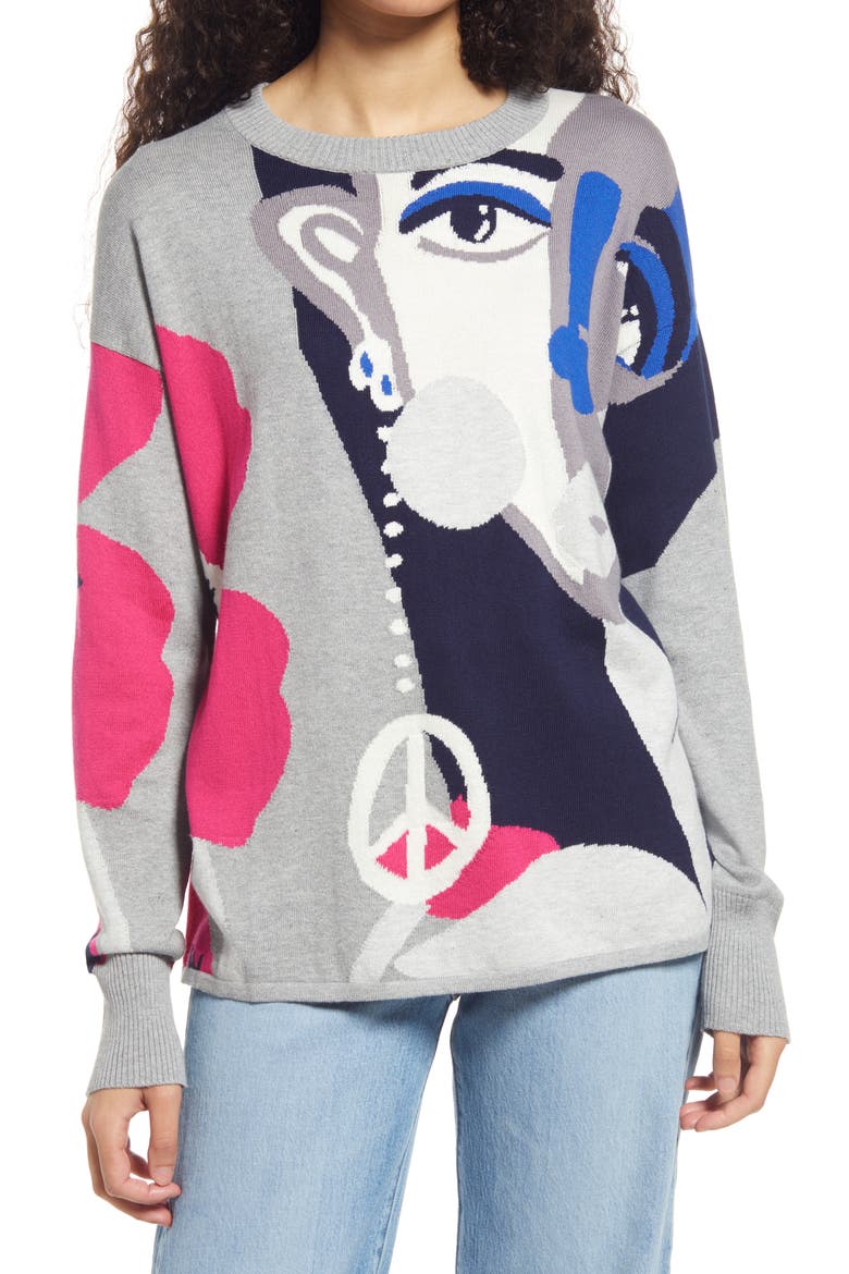 Cristina Martinez Intarsia Design Cotton & Cashmere Crewneck, Main, color, GREY PEACE POPPIES