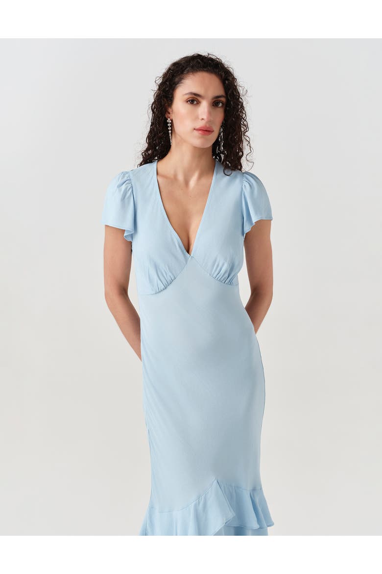 Corinne Frill Crepe Midi Dress, Alternate, color, Blue