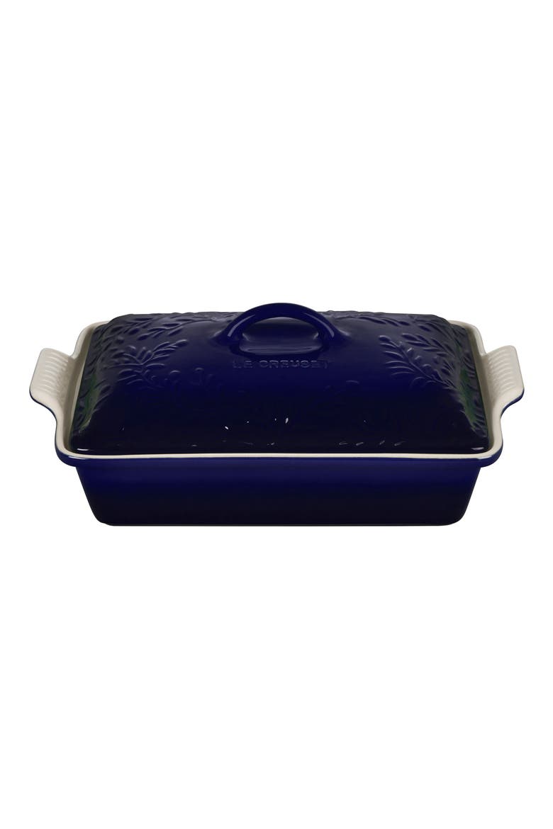 Heritage 2 1/2 Quart Covered Rectangular Stoneware Casserole, Main, color, INDIGO W/ EMBOSSED LID