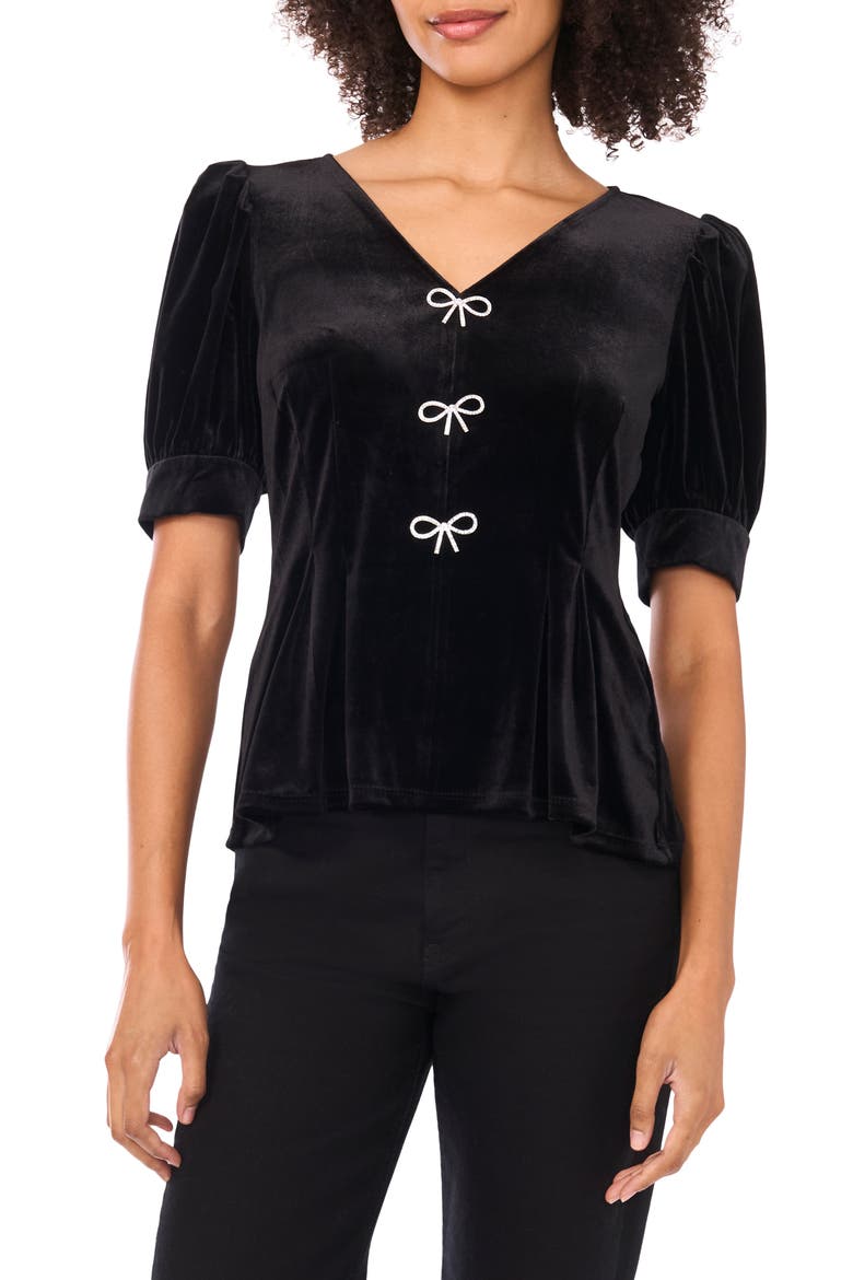 Rhinestone Bow Stretch Velvet Top, Main, color, RICH BLACK
