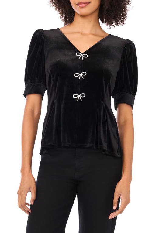 Cece Rhinestone Bow Stretch Velvet Top In Black