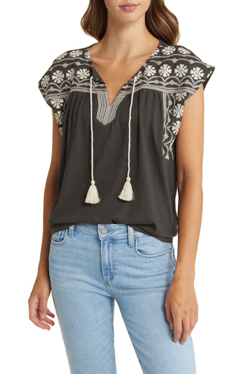 Lucky Brand Embroidered Cotton Blend Peasant Top, Main, color, Raven