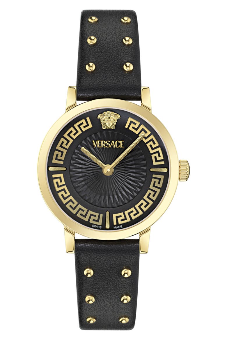 Renaissance Greca Leather Strap Watch, 35mm, Main, color, GOLD1