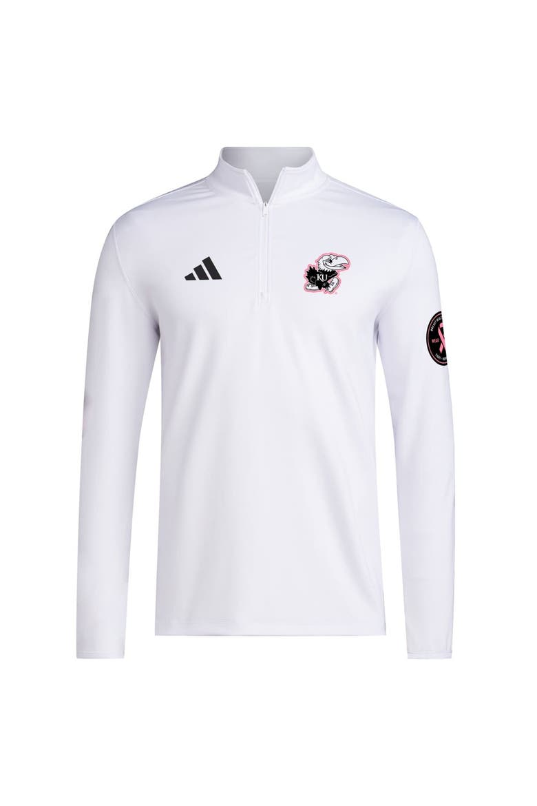 Men's adidas White Kansas Jayhawks Wear Pink Quarter-Zip Pullover, Alternate, color, White
