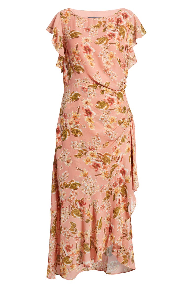 Floral Print Flutter Sleeve Midi Dress, Alternate, color, BLUSH MULTI