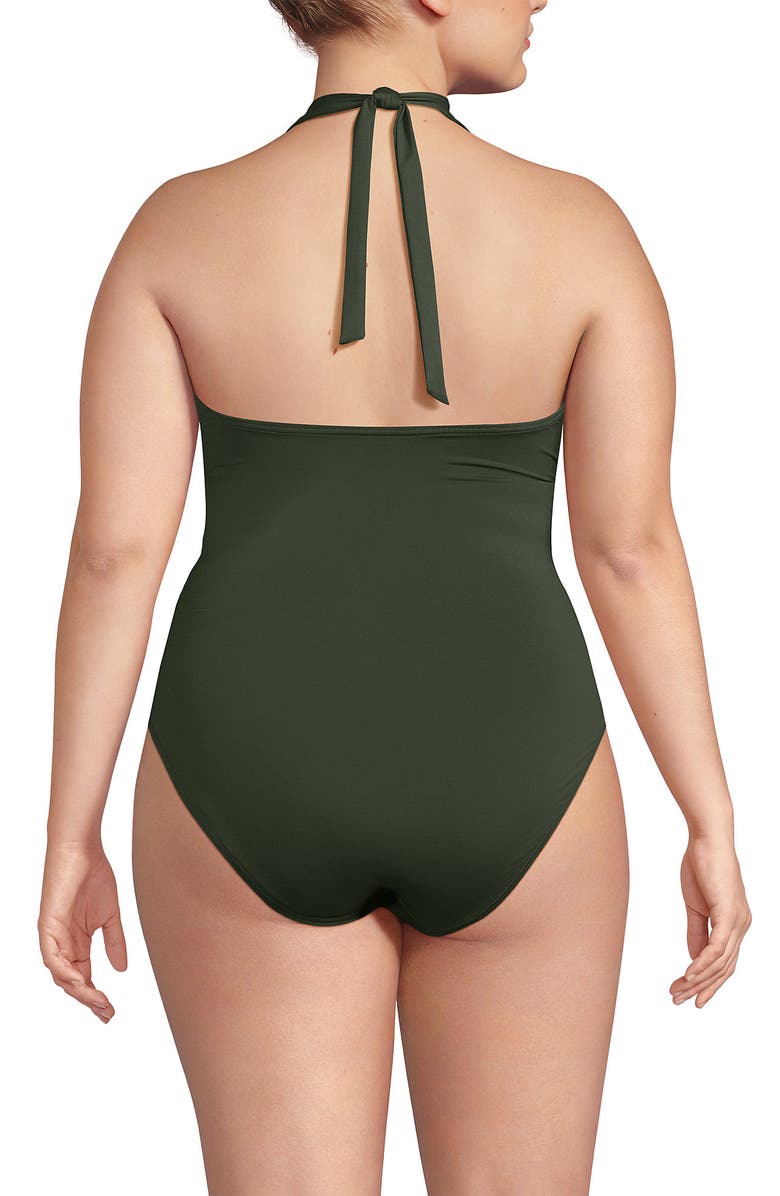 Lands' End Sculpting Suit Plunge Halter High Leg One Piece Swimsuit, Alternate, color, Rich Olive Green