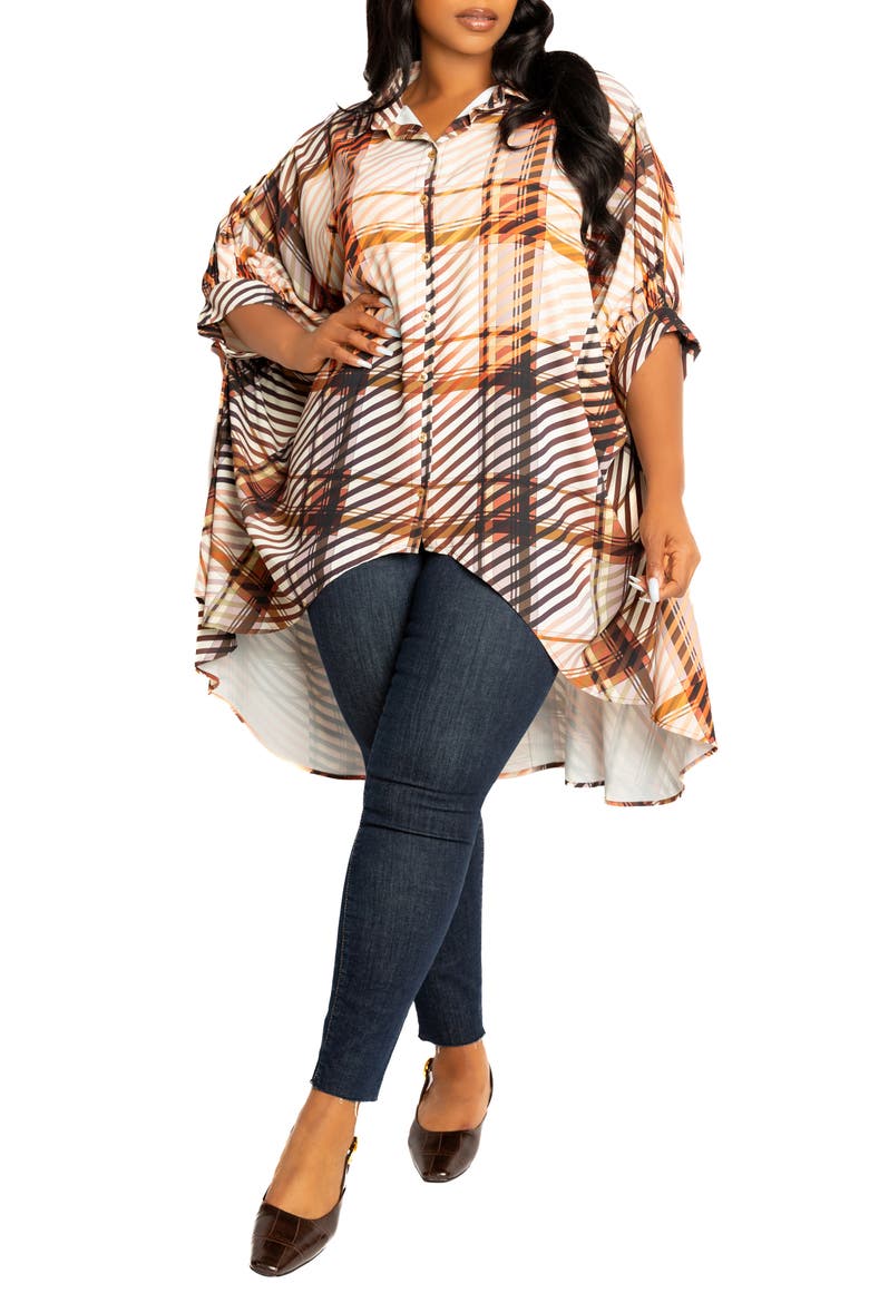 Mixed Geo Print High-Low Button-Up Shirt, Main, color, BROWN MULTI
