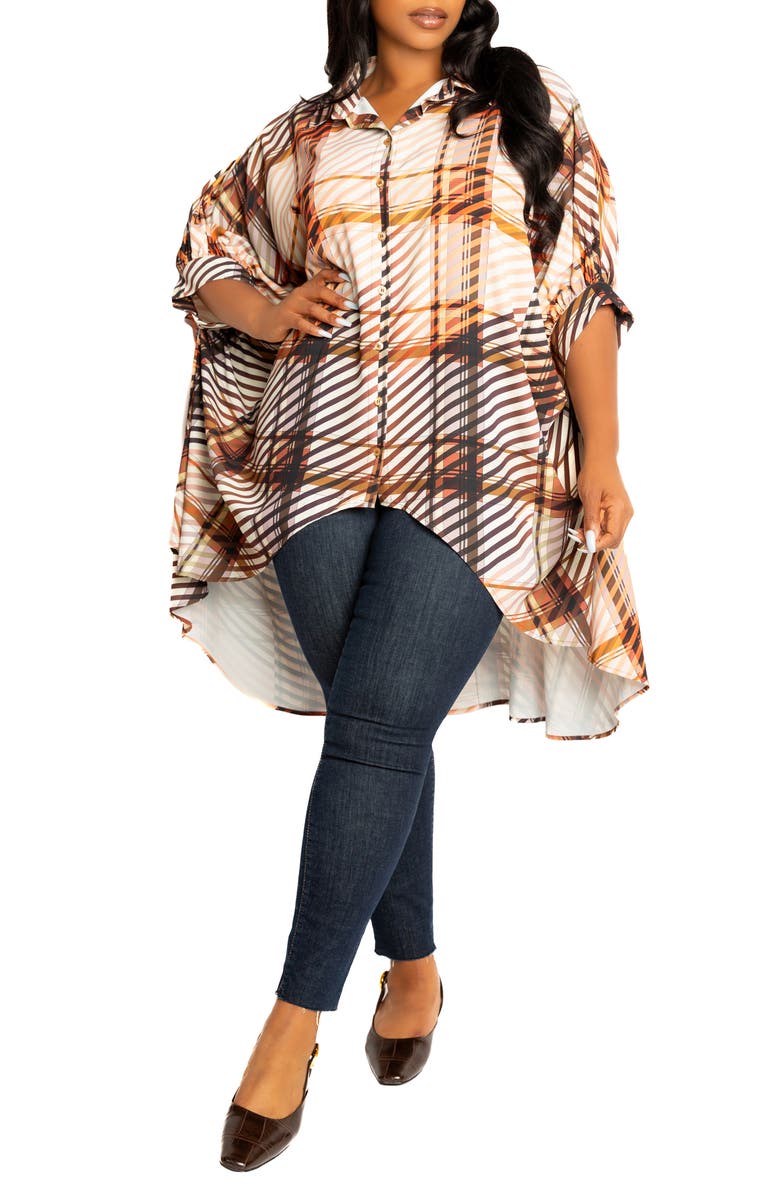 BUXOM COUTURE Mixed Geo Print High-Low Button-Up Shirt, Main, color, Brown Multi