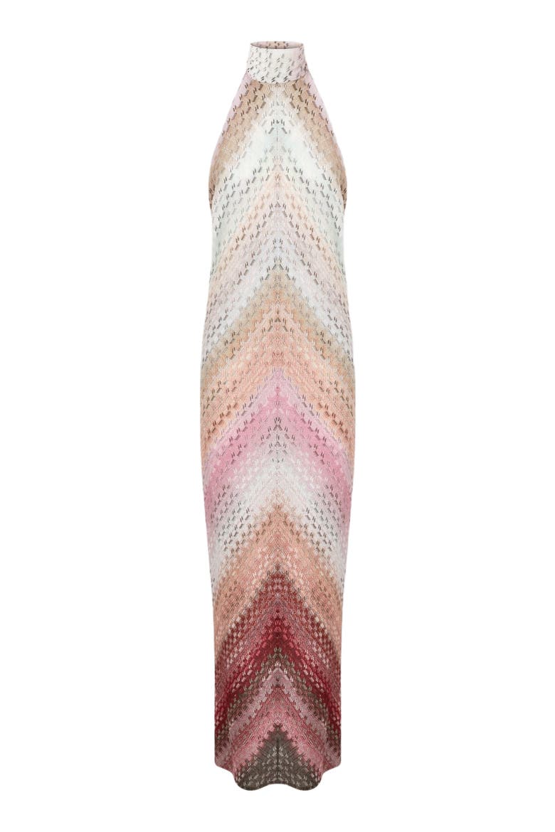 Long Halter-neck Dress With Staggered Zigzag Pattern, Alternate, color, Pink