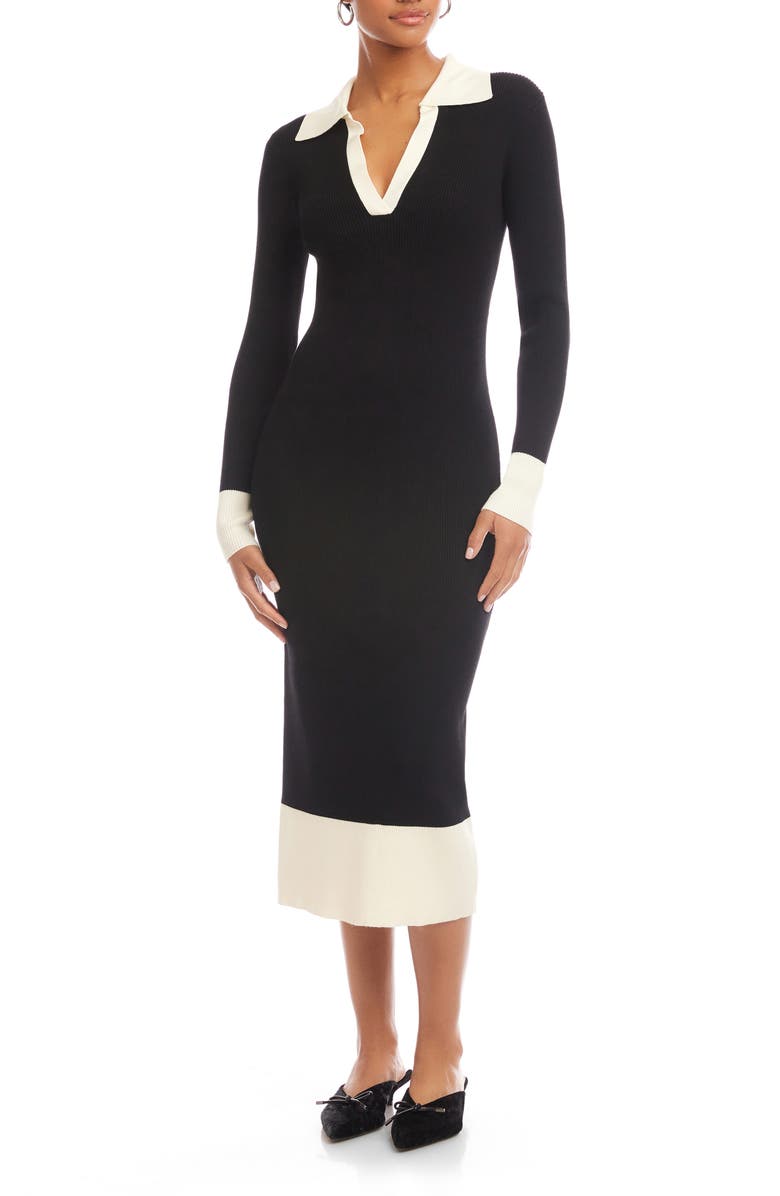FIFTEEN TWENTY Belle Ribbed Polo Midi Dress, Main, color, Black/ Cream