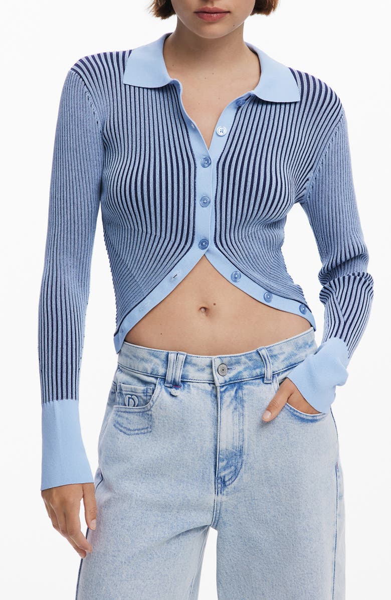 Desigual Stripe Collared Cutaway Cardigan, Main, color, Blue