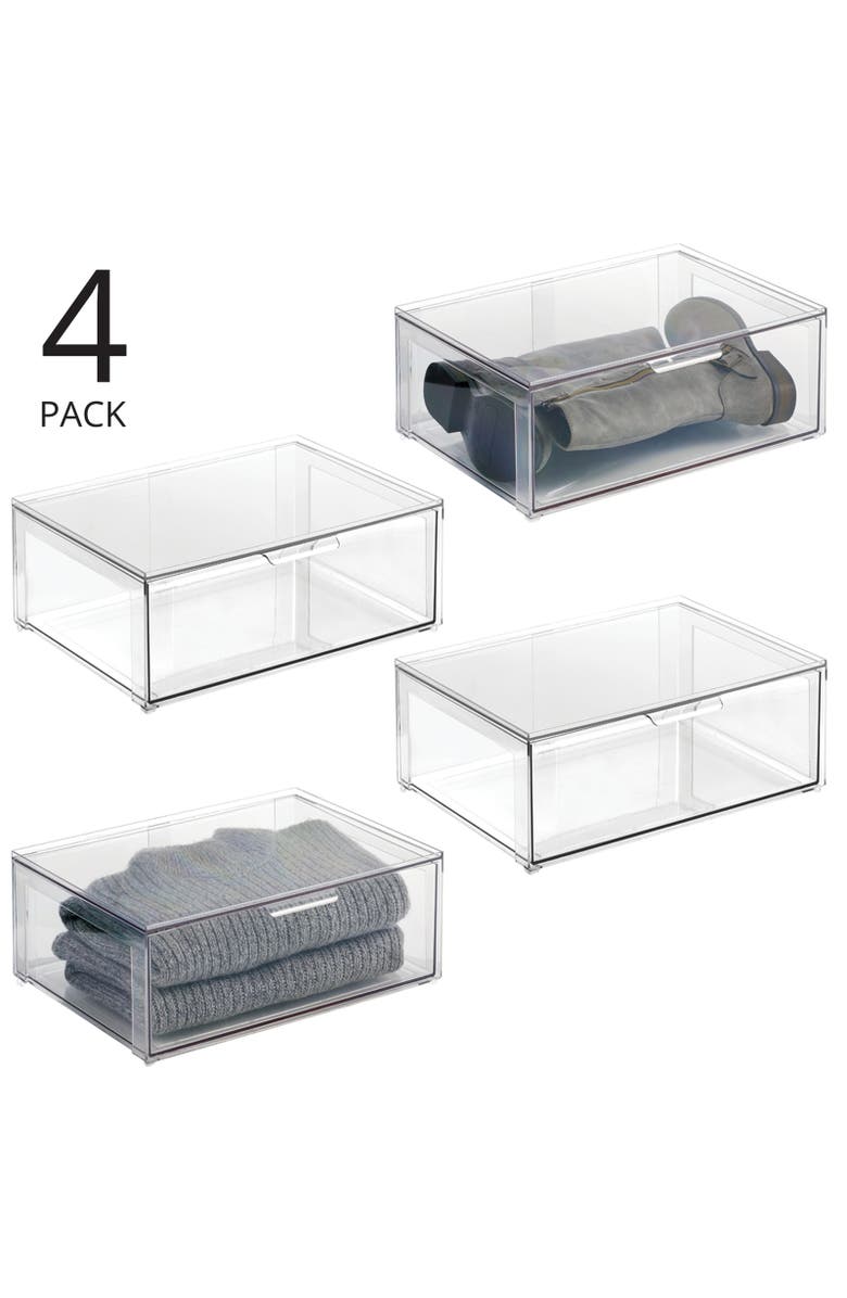mDesign Plastic Stacking Closet Storage Organizer Bin with Drawer, 4 Pack, Clear, Alternate, color, Clear