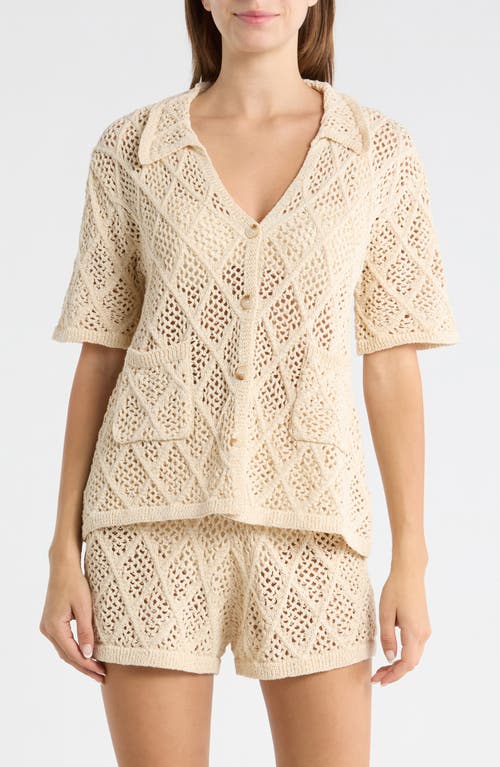 Elan Sheer Open Stitch Cover-Up Button-Up Shirt in Natural at Nordstrom, Size X-Large