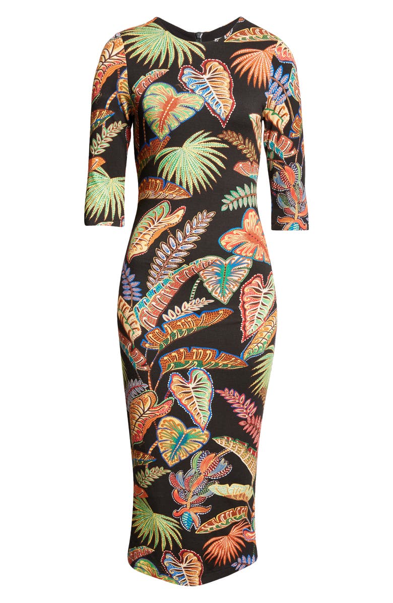 FARM Rio Cool Foliage Elbow Sleeve Jersey Midi Dress, Alternate, color, 