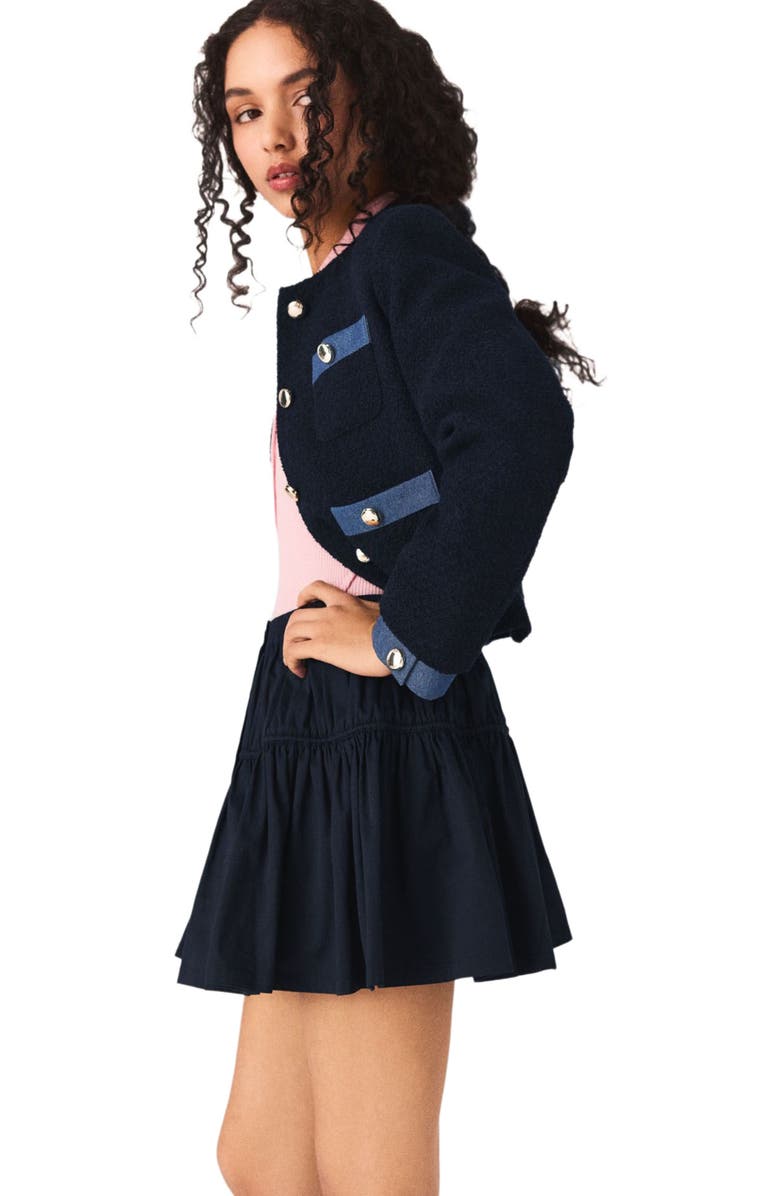 maje Tweed jacket with denim trim, Alternate, color, Navy