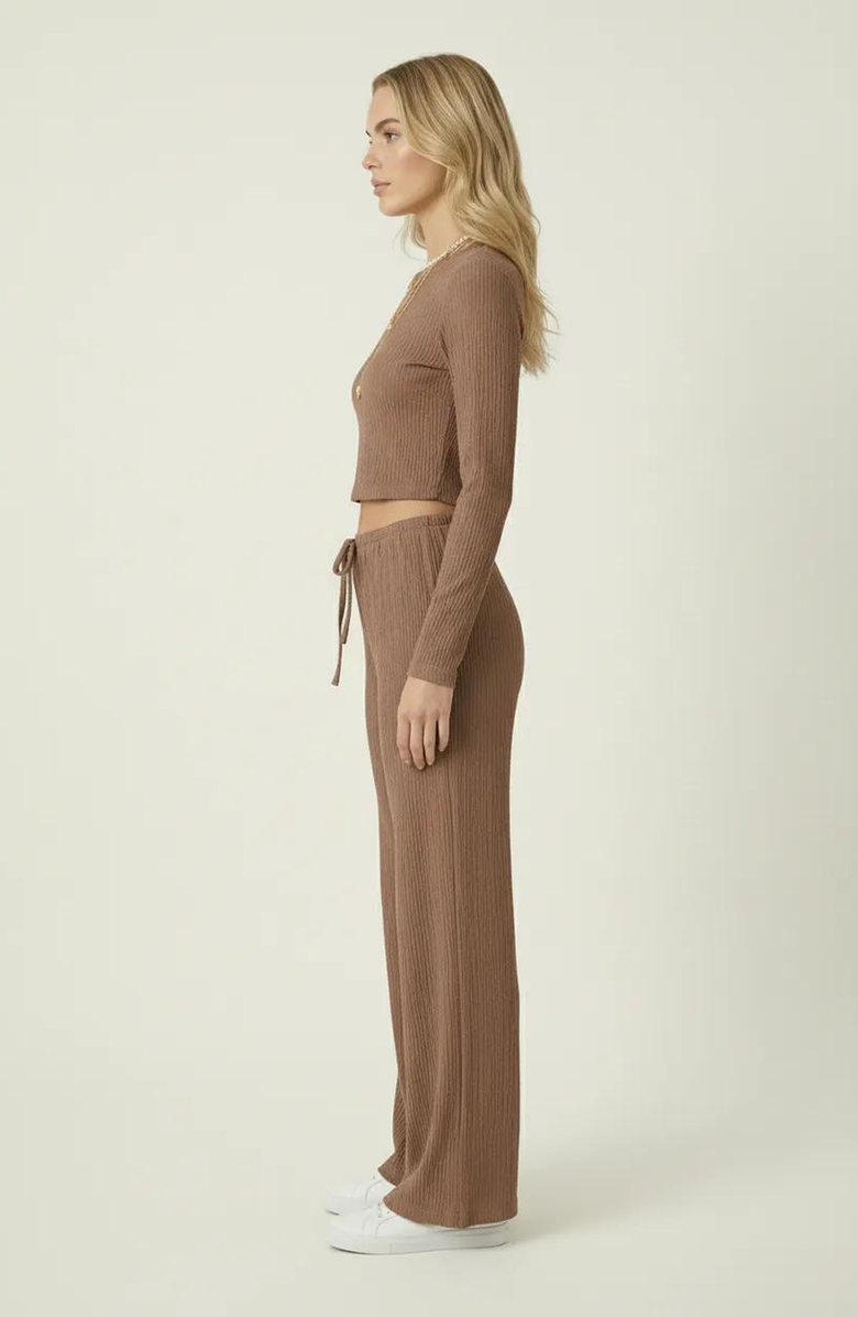 Modenaire Ribbed Long Sleeve Crop Top and Wide Leg Lounge Pants Set with Drawstring, Alternate, color, Brown
