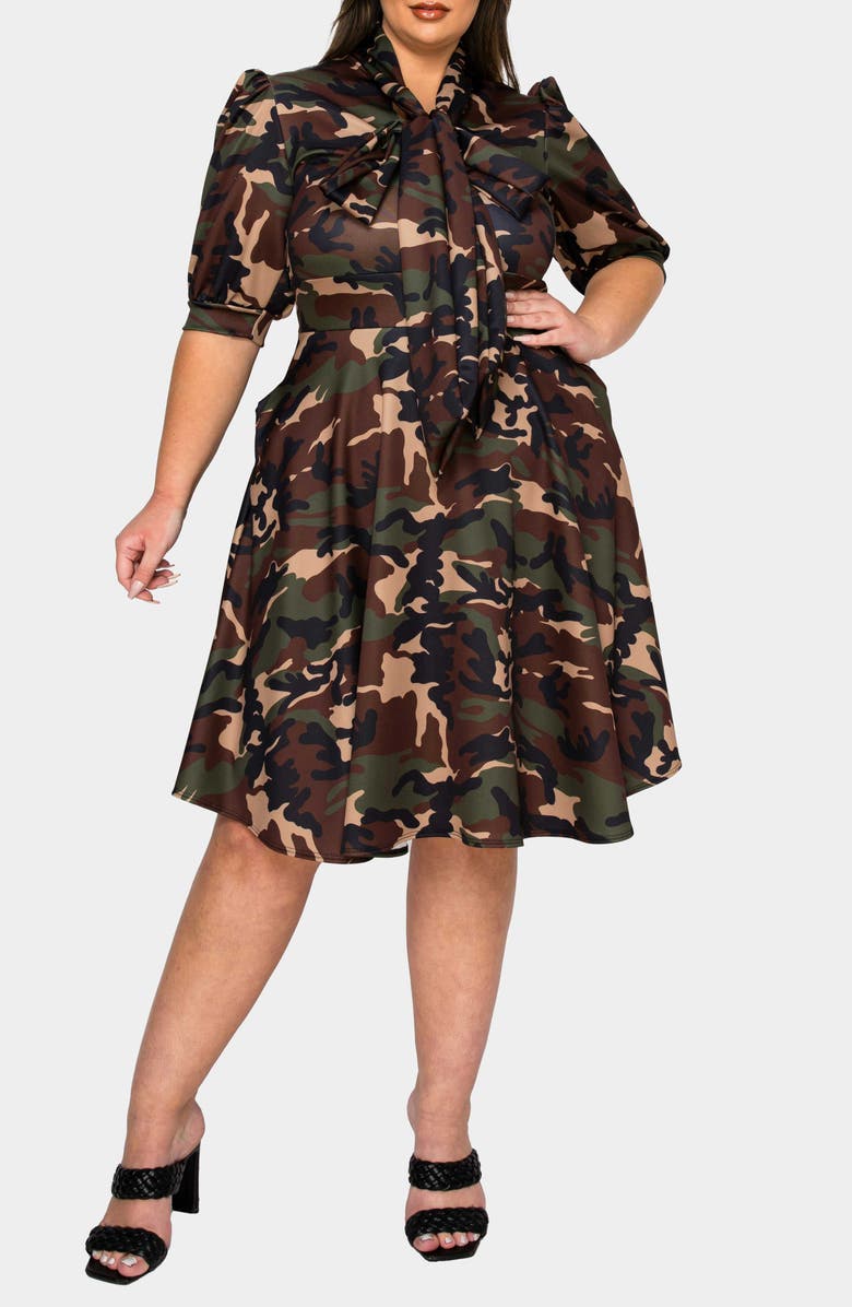 L I V D Outlaw Camo Tie Neck Flare Dress, Main, color, 
