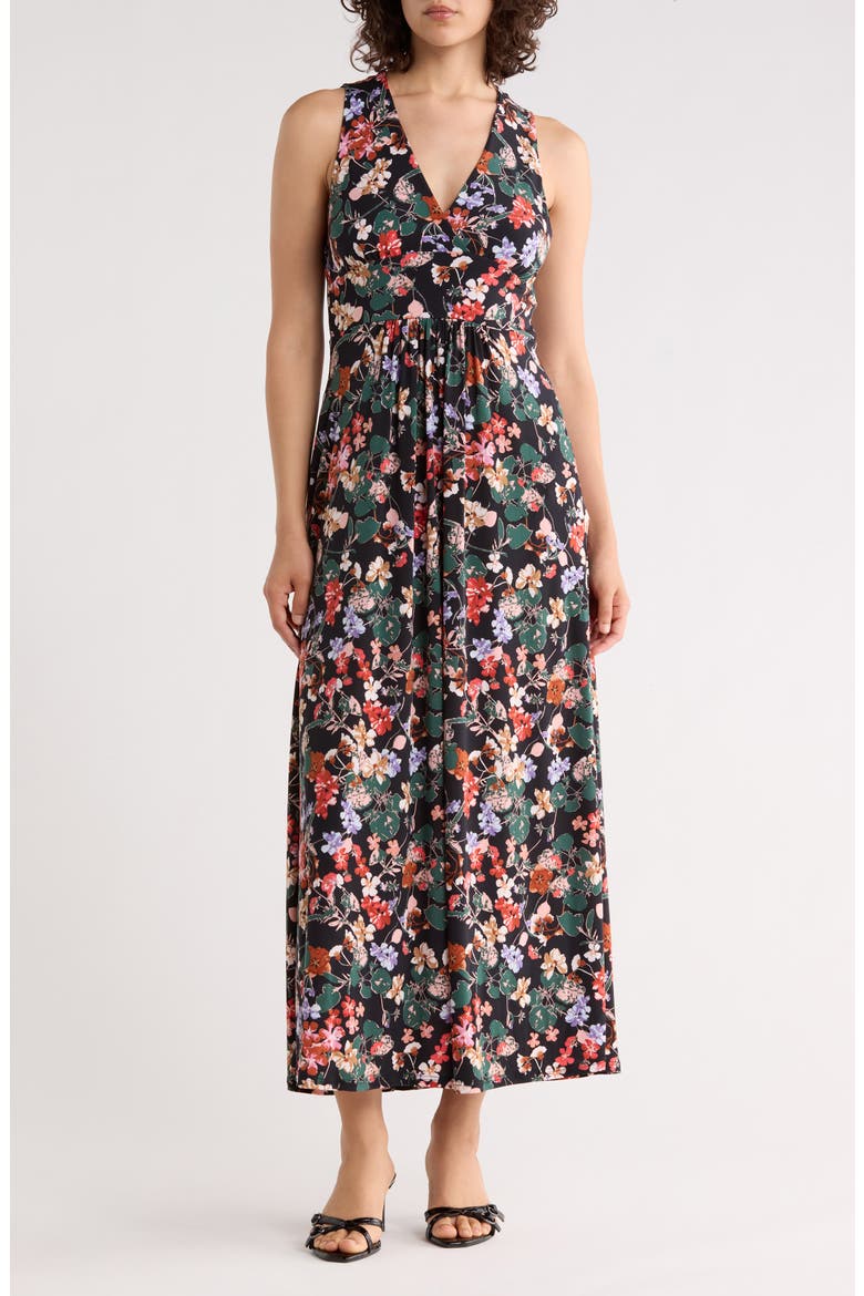 Sleeveless V-Neck Midi Dress, Main, color, BLACK FLORAL MULTI