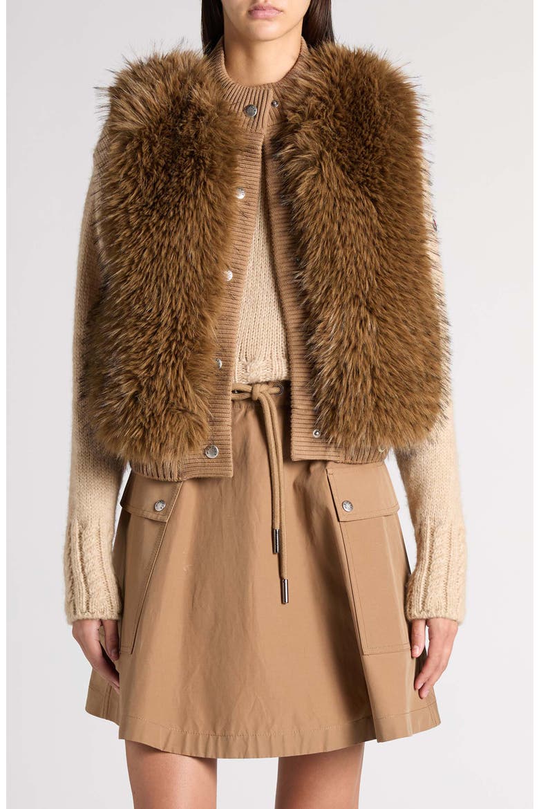 Faux Fur Trim Quilted Vest, Main, color, BEIGE