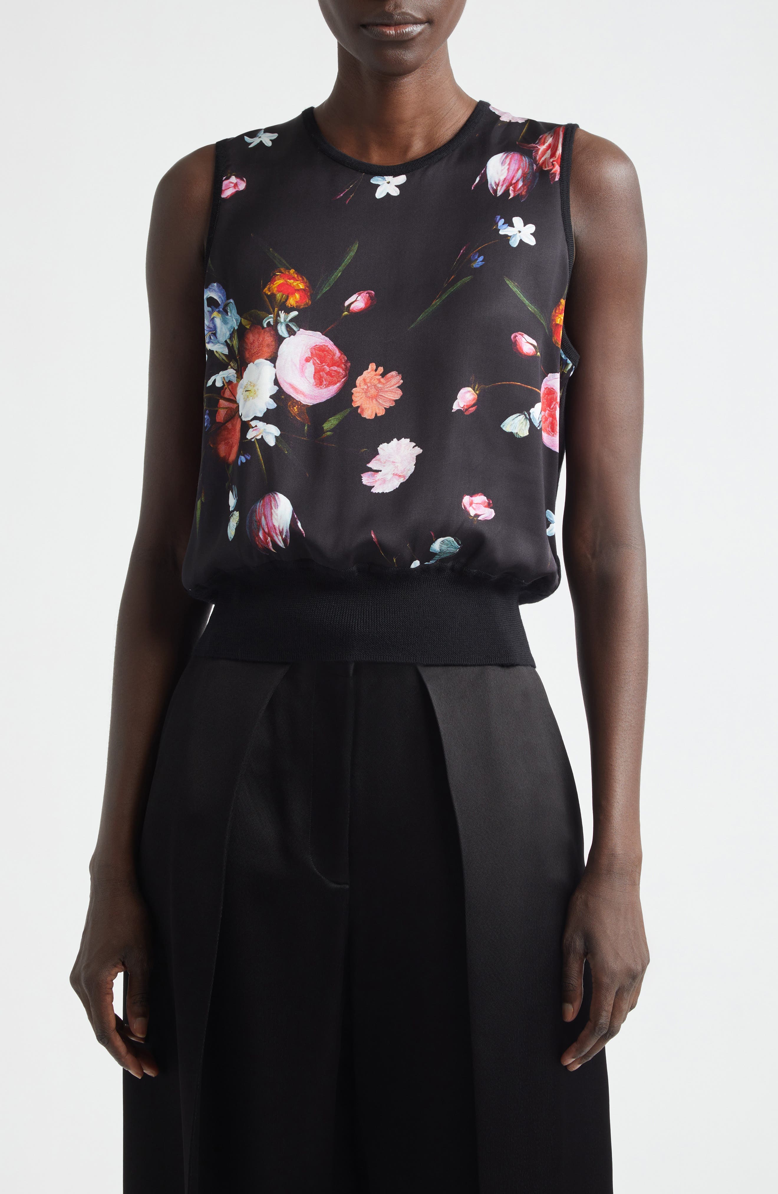 Floral Sleeveless Satin & Merino Wool Sweater