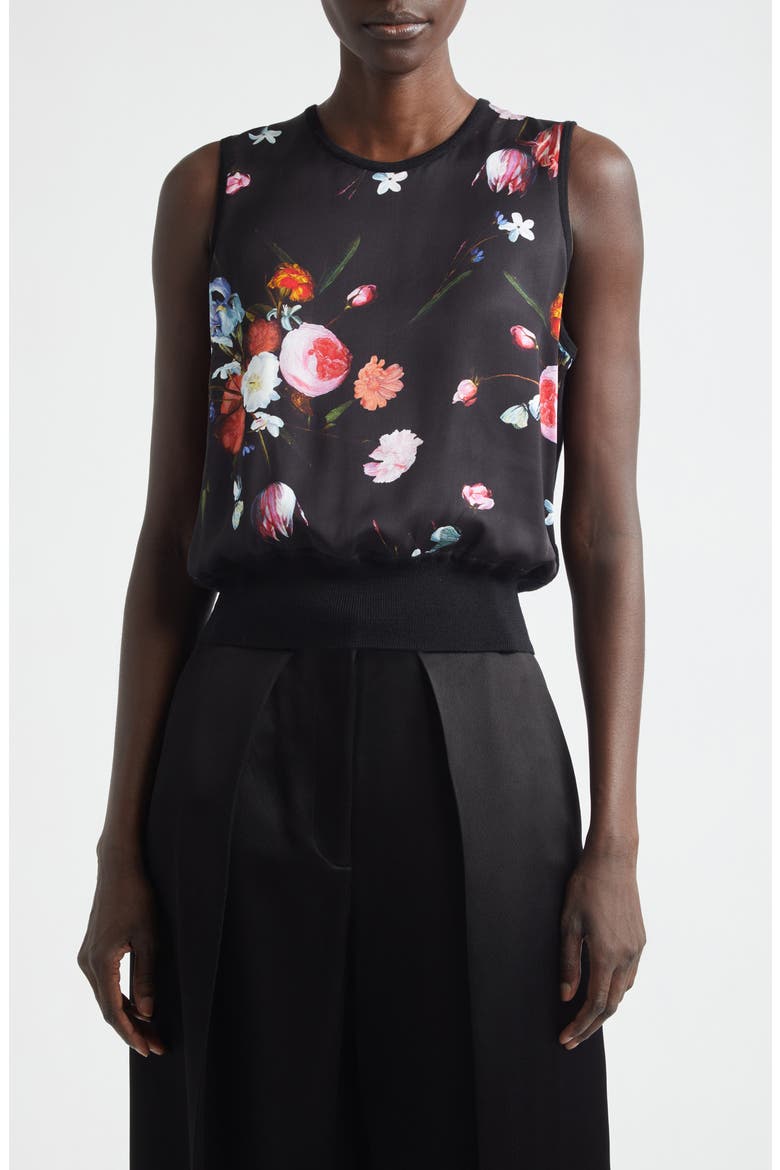 Floral Sleeveless Satin & Merino Wool Sweater, Main, color, DUTCH FLOWER PAINTING BLACK