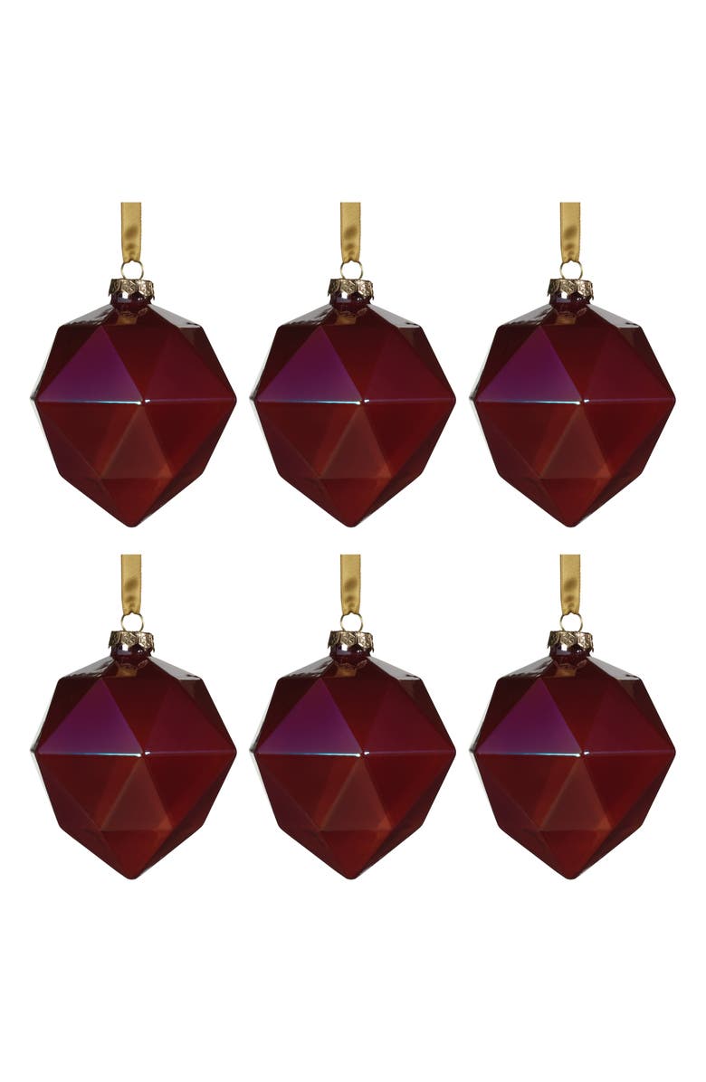 Zodax Set of 6 Red Luster Faceted Ornaments, Main, color, 