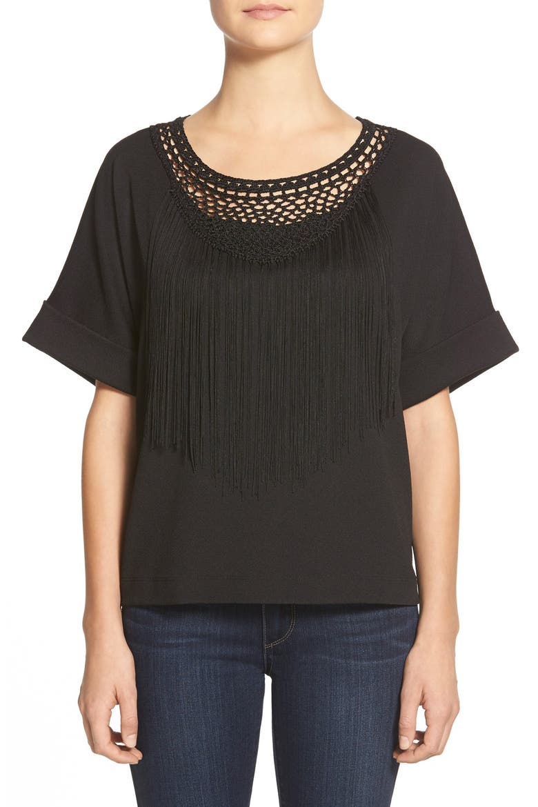 Fringe Detail Short Sleeve Top, Main, color, BLACK