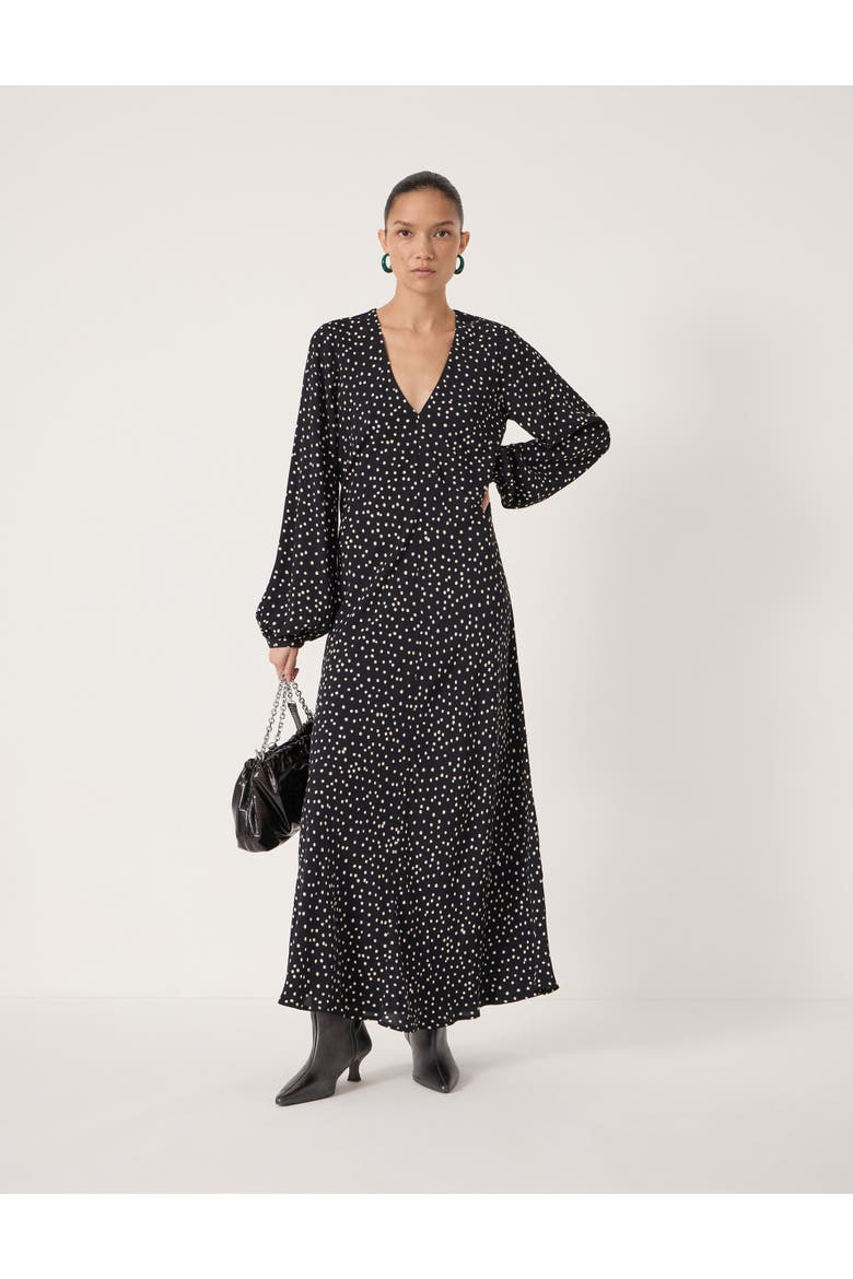 Grace V-Neck Long Sleeve Crepe Dress, Main, color, Tiny Polka Dot Black