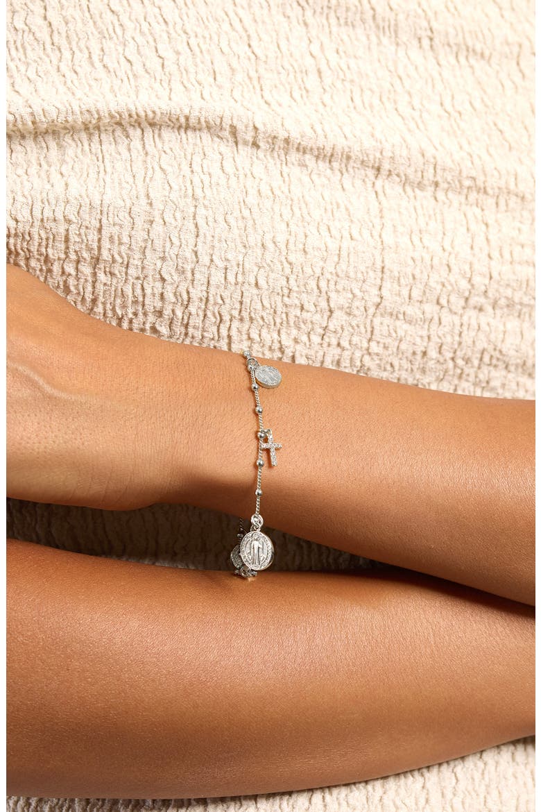Medallion & Pavé Cubic Zirconia Cross Charm Bracelet, Alternate, color, SILVER