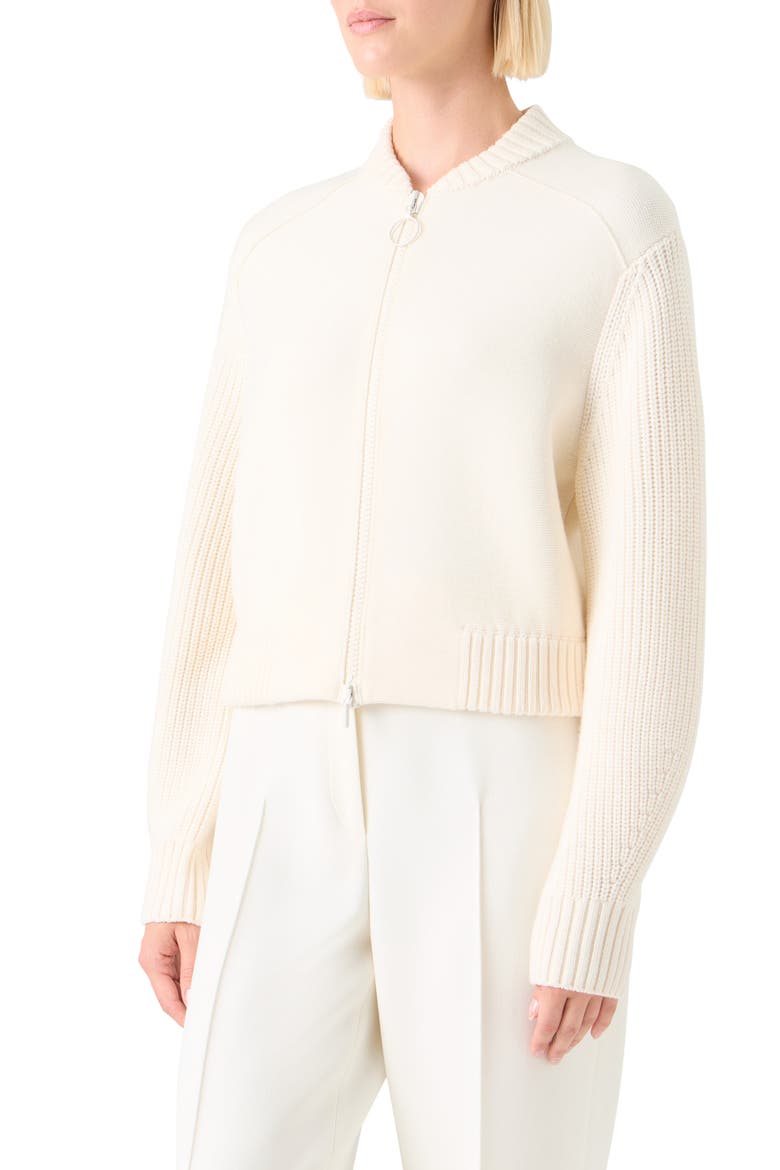 Stretch Virgin Wool Bomber Cardigan, Alternate, color, IVORY