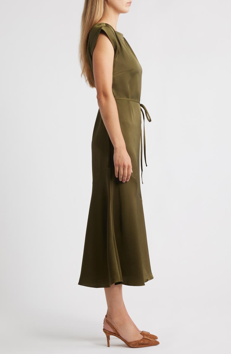 Vince Camuto Cap Sleeve Stretch Satin Belted Dress, Alternate, color, Olive