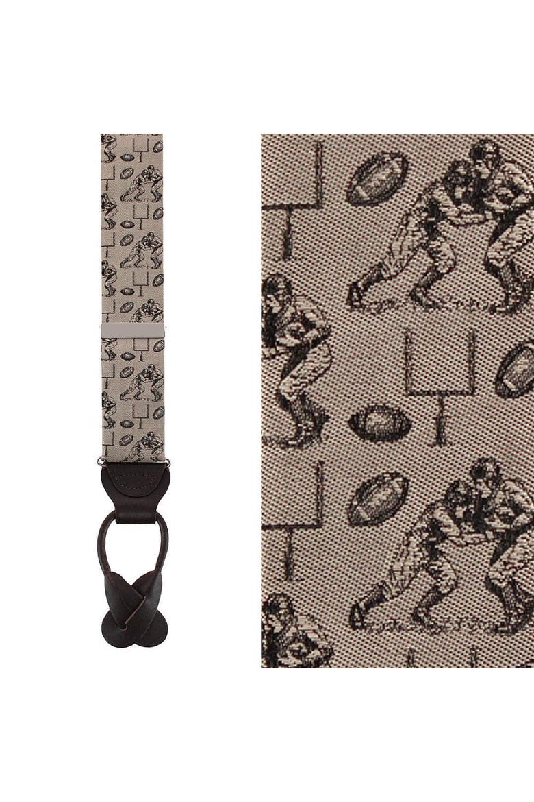 Field Goal Football Themed Novelty Silk Button End Suspenders, Main, color, Taupe