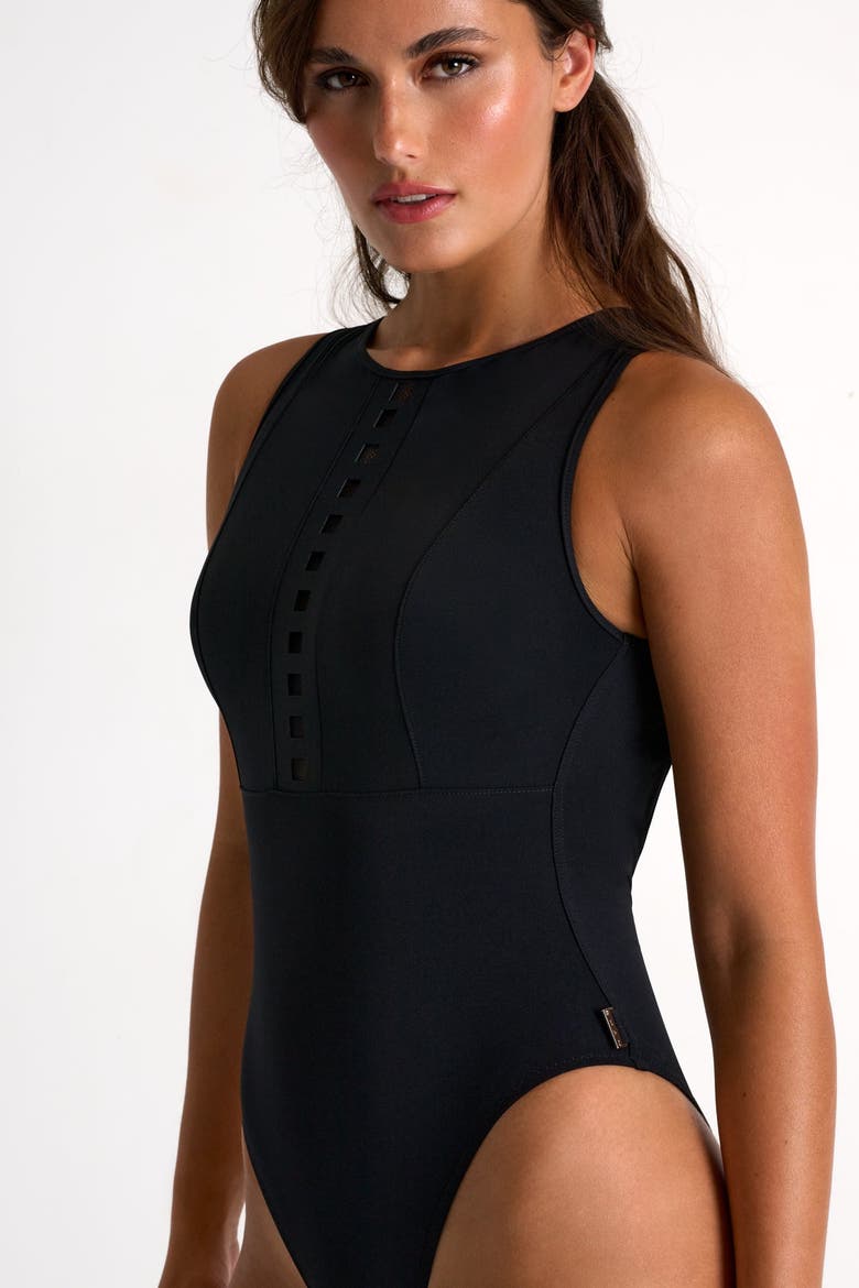 High-Neck One-Piece Swimsuit With Mosaic Cutouts, Alternate, color, Black