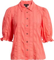 Halogen® Sheer Stripe Puff Sleeve Button-Up Shirt