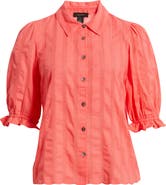 Halogen® Sheer Stripe Puff Sleeve Button-Up Shirt