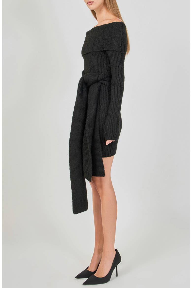 Off the Shoulder Long Sleeve Cable Stitch Sweater Dress with Tie, Alternate, color, BLACK