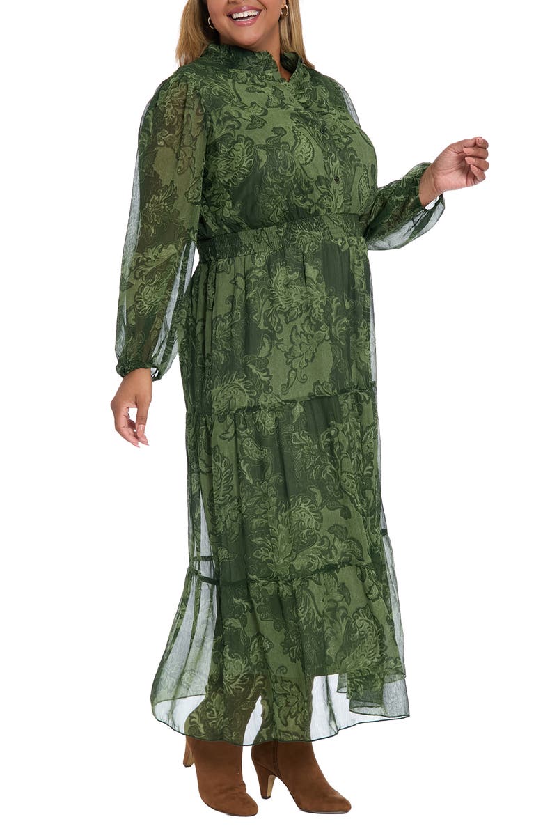 London Times Paisley Long Sleeve Tiered Chiffon Maxi Dress, Alternate, color, Pine