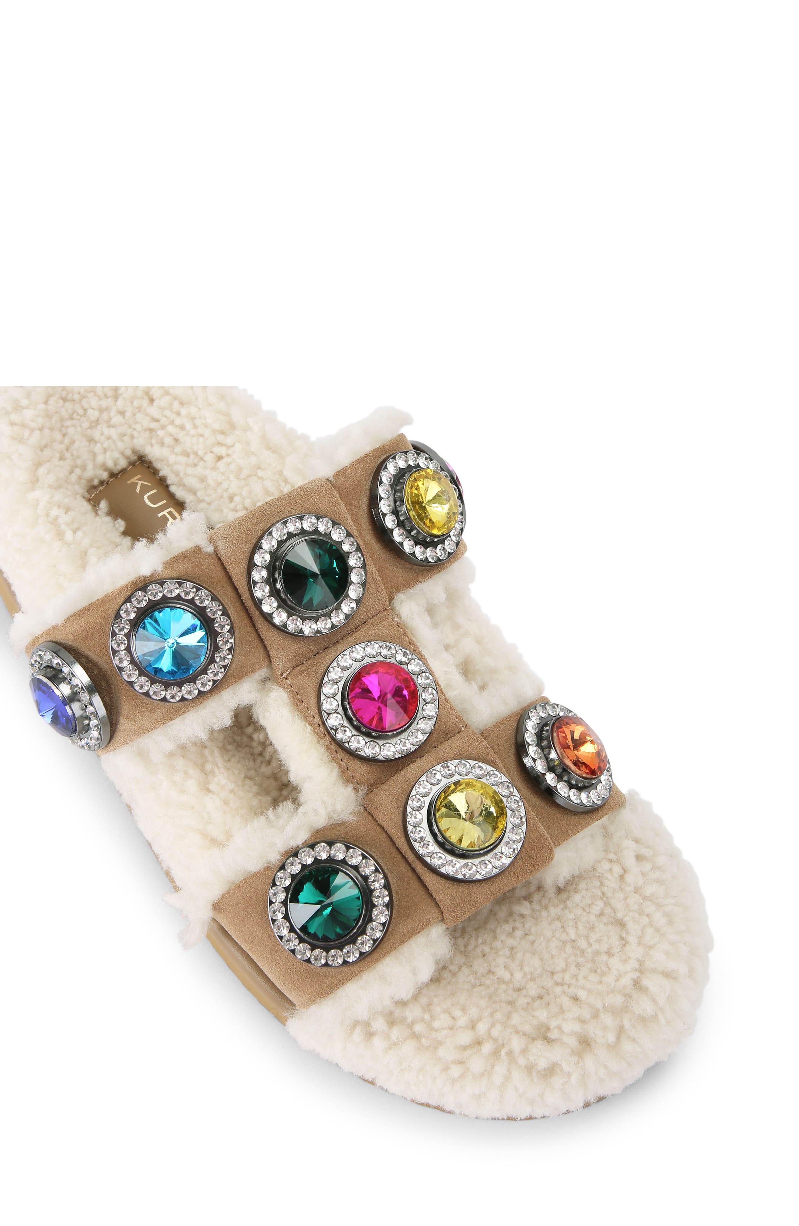 Kurt Geiger London Orson Crystal Teddy Genuine Shearling Lined Sandal, Alternate, color, Dark Beige