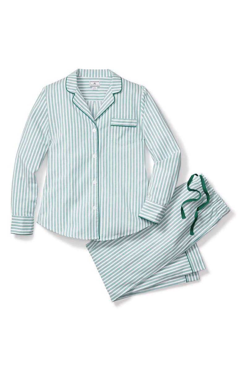 Petite Plume Emerald Ticking Stripe Cotton Twill Pajamas, Alternate, color, Green