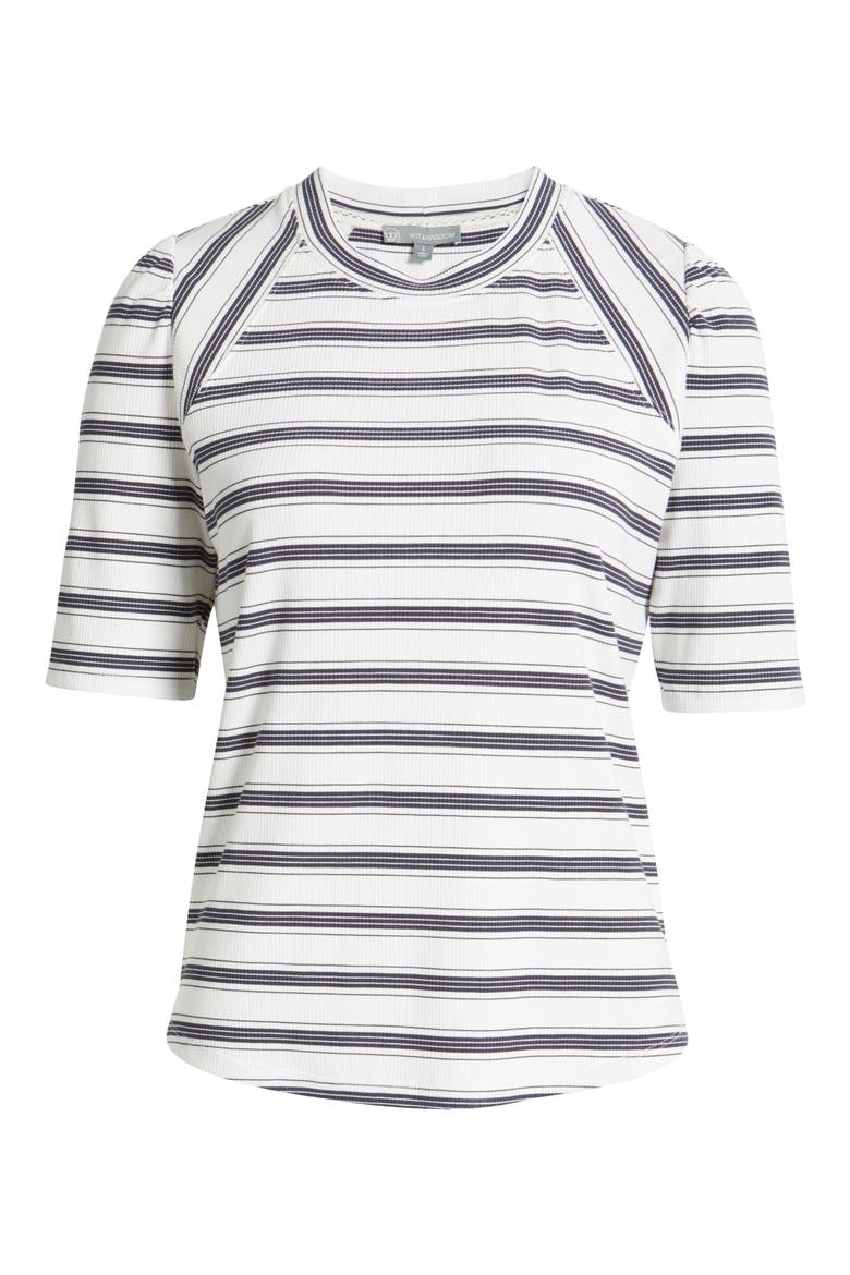 Puff Sleeve Stripe Rib Top, Alternate, color, OFF WHITE/ NAVY