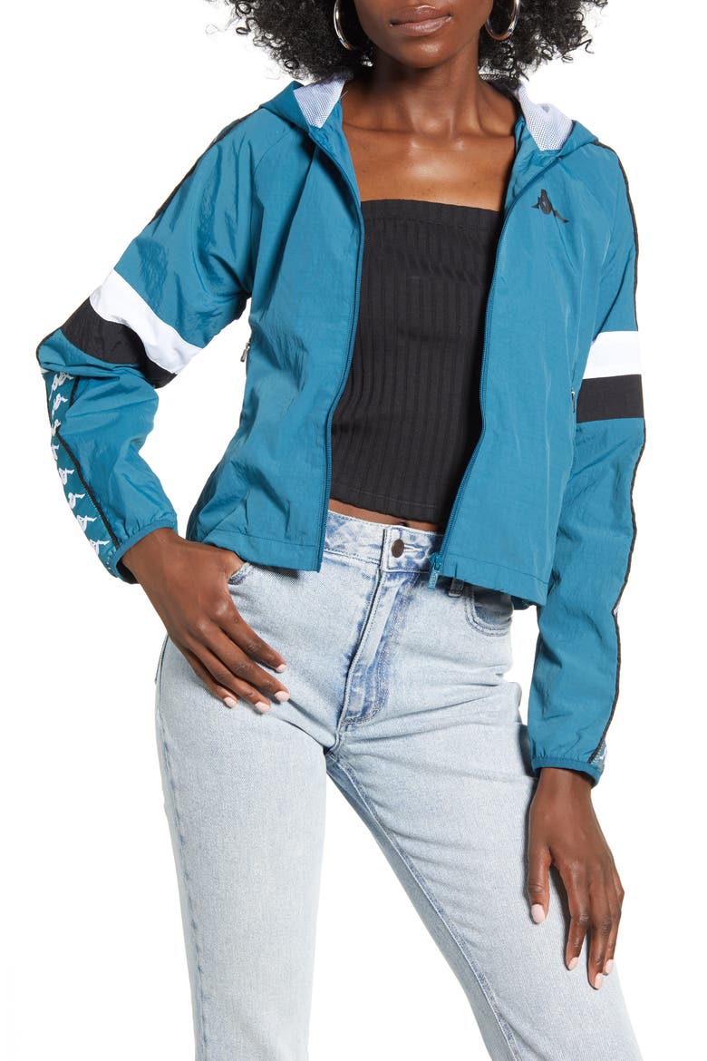 Kappa 222 Banda Bellanta Hooded Jacket, Main, color, BLUE PETROL/ WHITE/ BLACK