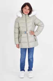 Kids' Belted Faux Fur Trim Puffer Coat