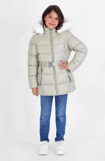 Kids' Belted Faux Fur Trim Puffer Coat