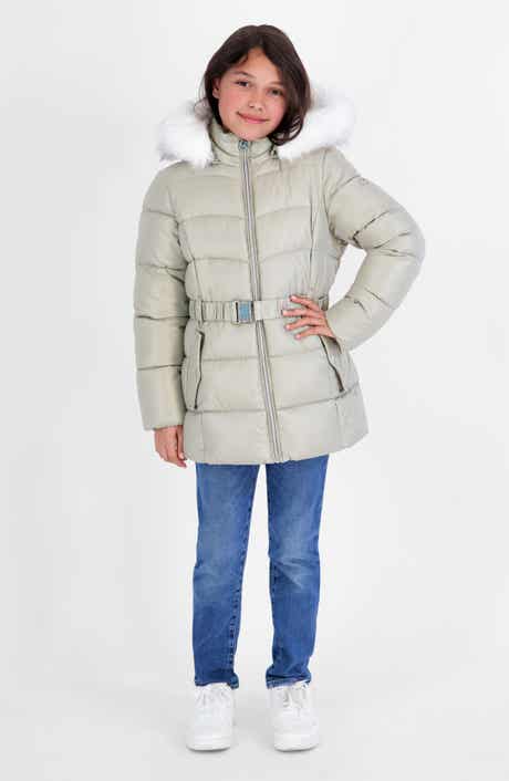 Kids' Belted Faux Fur Trim Puffer Coat