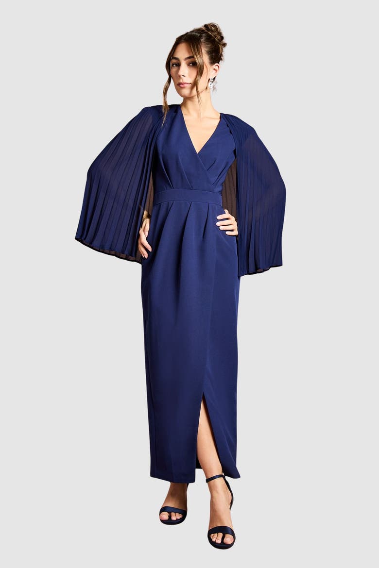 Pleated Cape Detail Crepe Pencil Dress, Main, color, Navy
