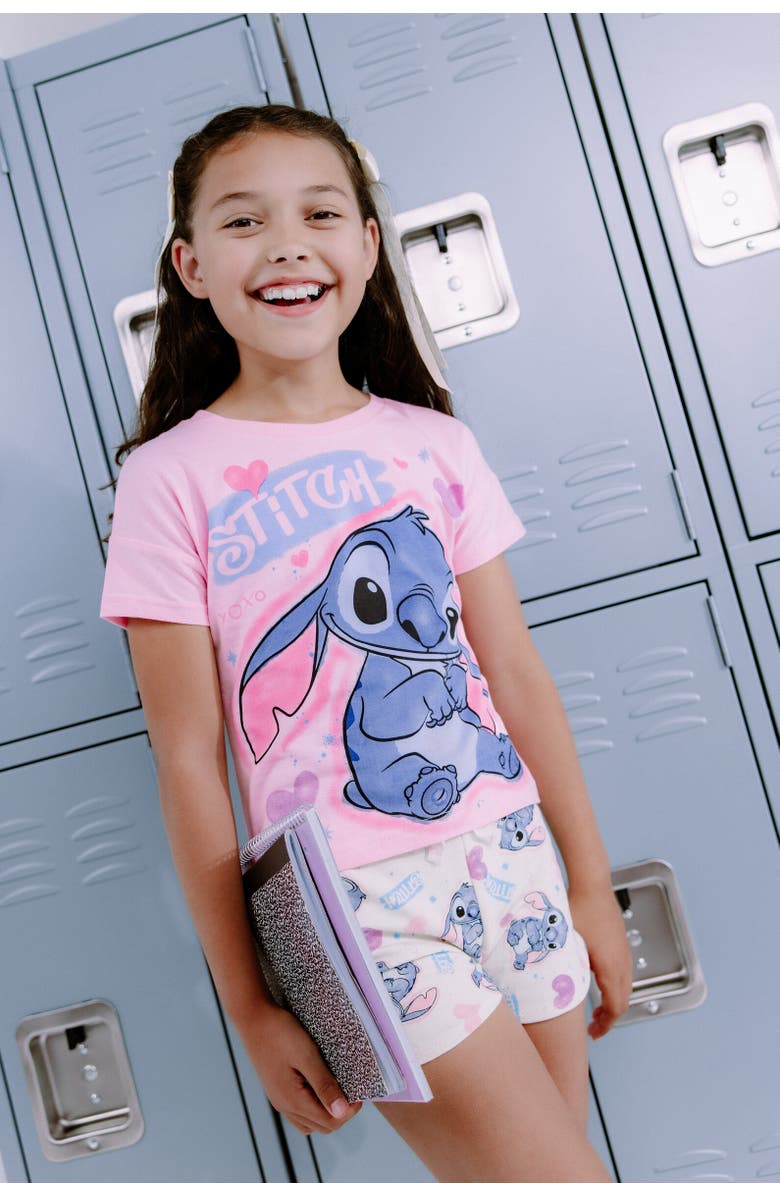Disney Airbrush Graphic Short Sleeve Tee and French Terry Dolphin Shorts Outfit, Alternate, color, Stitch Pink Blue