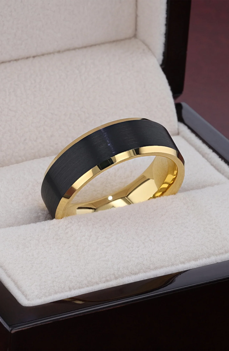 Larson Jewelers Gaston Tungsten Beveled Ring With Brushed Center, Alternate, color, Black / Gold 6Mm